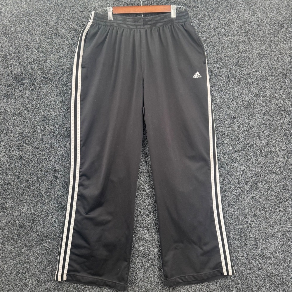 Adidas Mens Black White 3 Stripe Track Pants Large Straight Leg Polyester